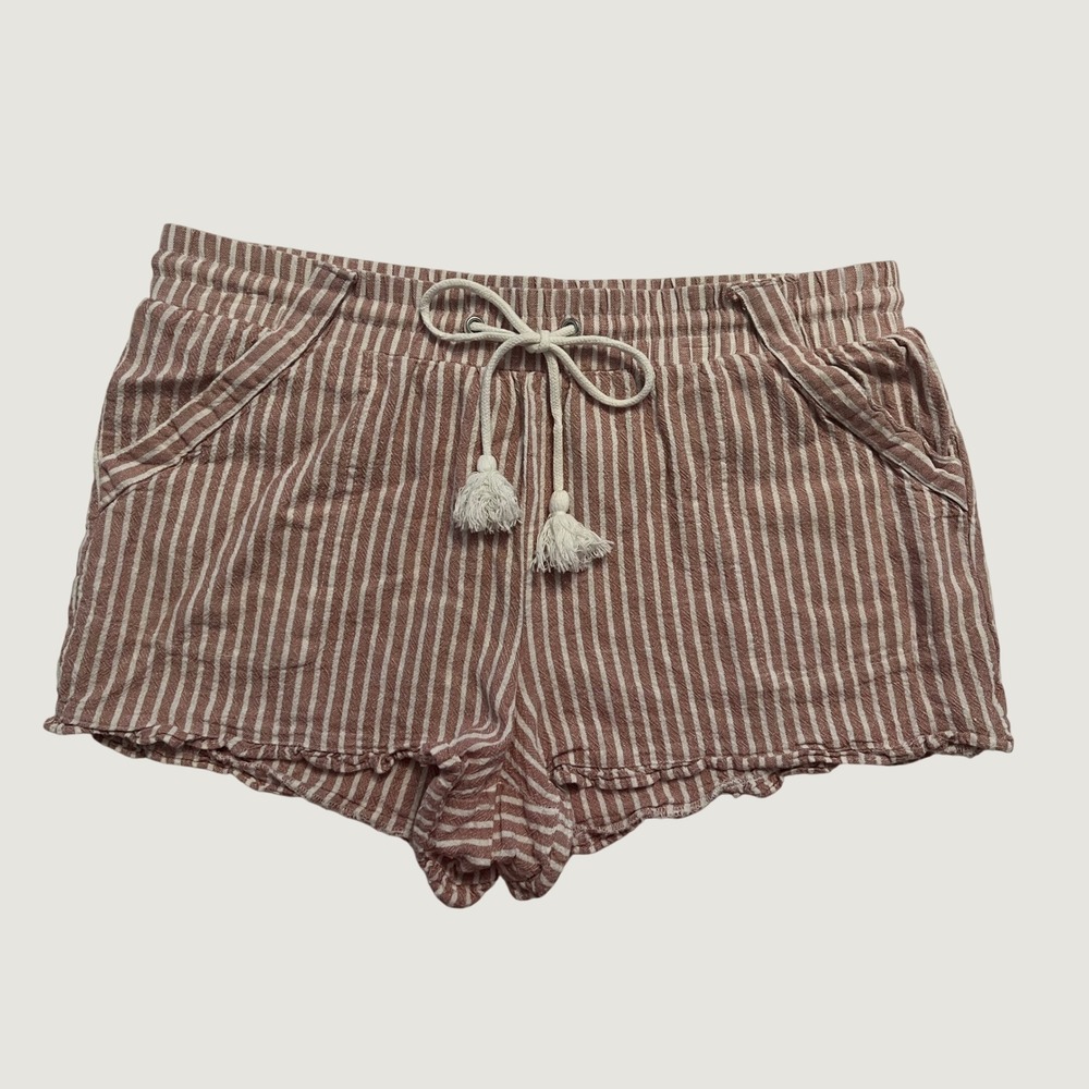 Rewind Women's Striped Linen Blend Ruffle Hem Shorts XL Dusty Rose White Tassels